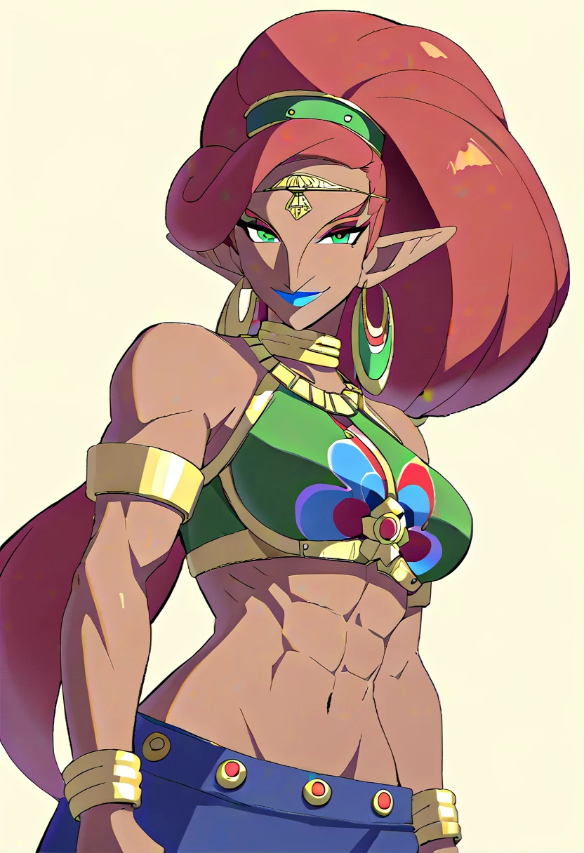 best quality, high resolution, large breasts, red hair, blush, smile, cowboy shot, looking at viewer, Urbosa, blue lip, Green eyes,
