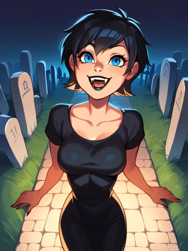  score_9,  score_8_above,  score_7_above,   source  _animated,   source  _ cartoon , Musician Thrush, short hair,  black hair,  best quality,  perfect eyes,  retrato, breasts, neckline,Lips, black Lips, tabs , Blue eyes, cemetery , Evening,  black dress,fangs,  open the mouth,smile,