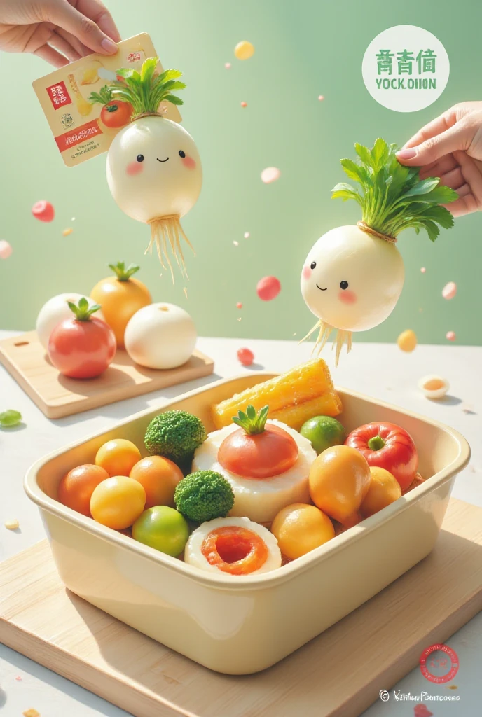 A vibrant and appealing advertisement for a bento product featuring a cute illustration of a daikon on the packaging. The bento box should look realistic, with a variety of delicious food items highlighting the daikon flavor, bright colors, and an inviting layout that showcases the product's freshness.