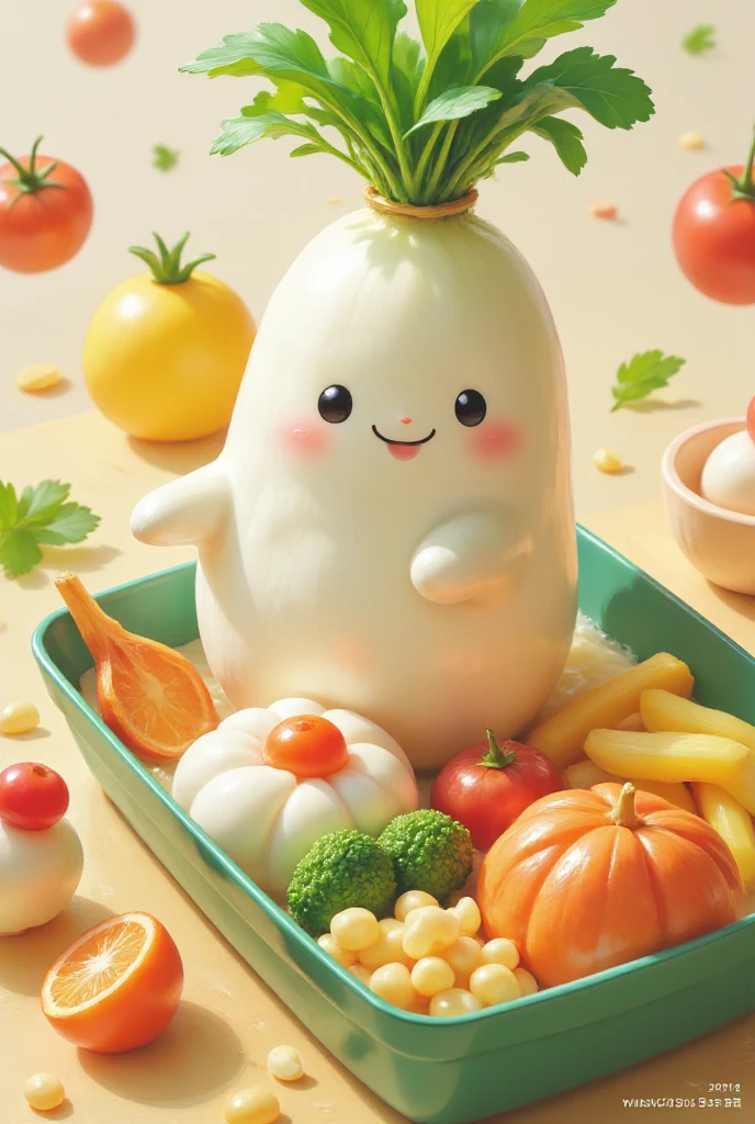 A vibrant and appealing advertisement for a bento product featuring a cute illustration of a daikon on the packaging. The bento box should look realistic, with a variety of delicious food items highlighting the daikon flavor, bright colors, and an inviting layout that showcases the product's freshness.