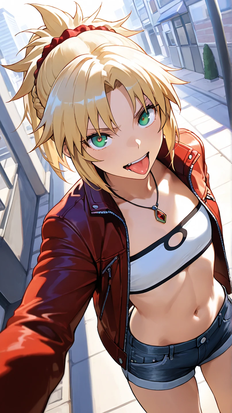 fgomordred
High quality ,  top quality , masterpiece,  high res, detailed face , anatomically correct , 
In the city, detailed face 
緑の目,Blonde,  ponytail,  short hair, scrunchie,  red scrunchy ,  Hair Scrunchy,  flat chest, slightly toned body, a woman with a cool face , boyish woman , cool woman ,Eye colour(green)

Short denim, デニム  shorts, gem, midriff, belly button,  necklace,  Red Jacket, short  shorts,  shorts,  tube top , white top,

solo,  1 girl,  from your hand and direct your gaze, , face is directly in front of the viewer
Open your mouth slightly, tongue,  is staring,
 high angle
