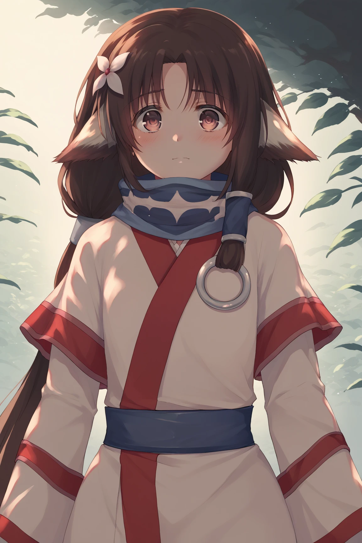 (score_9,score_8_up:1.1),score_7_up,score_6_up,score_5_up,score_4_up,source_anime,1girl,utawarerumono, eruruu   ,eruruu   _formal,Natural lighting、brown hair,dark hair, long hair, hair tied at the back、low-tied long hair, animal ears, しっぽ, small chest, girl, red line clothes , Blue Belt,  青と白のscarf, Ainu 、 hair ornament ring、Droopy eyes, Light blush,  cowboy shot,  幸せ/喜び, 