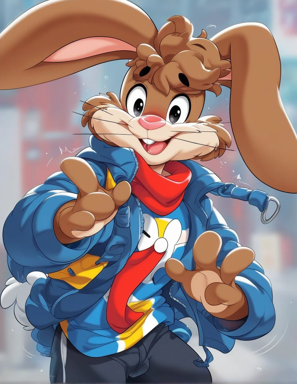 zPDXL3,quicky,4 fingers,brown fur, black pants, red neck scarf, blue striped shirt, French style, standing, young adult, cute version of quicky, cute rabbit hair, furry, rabbit, male, gay, femboy, slim,solo,looking_at_viewer,