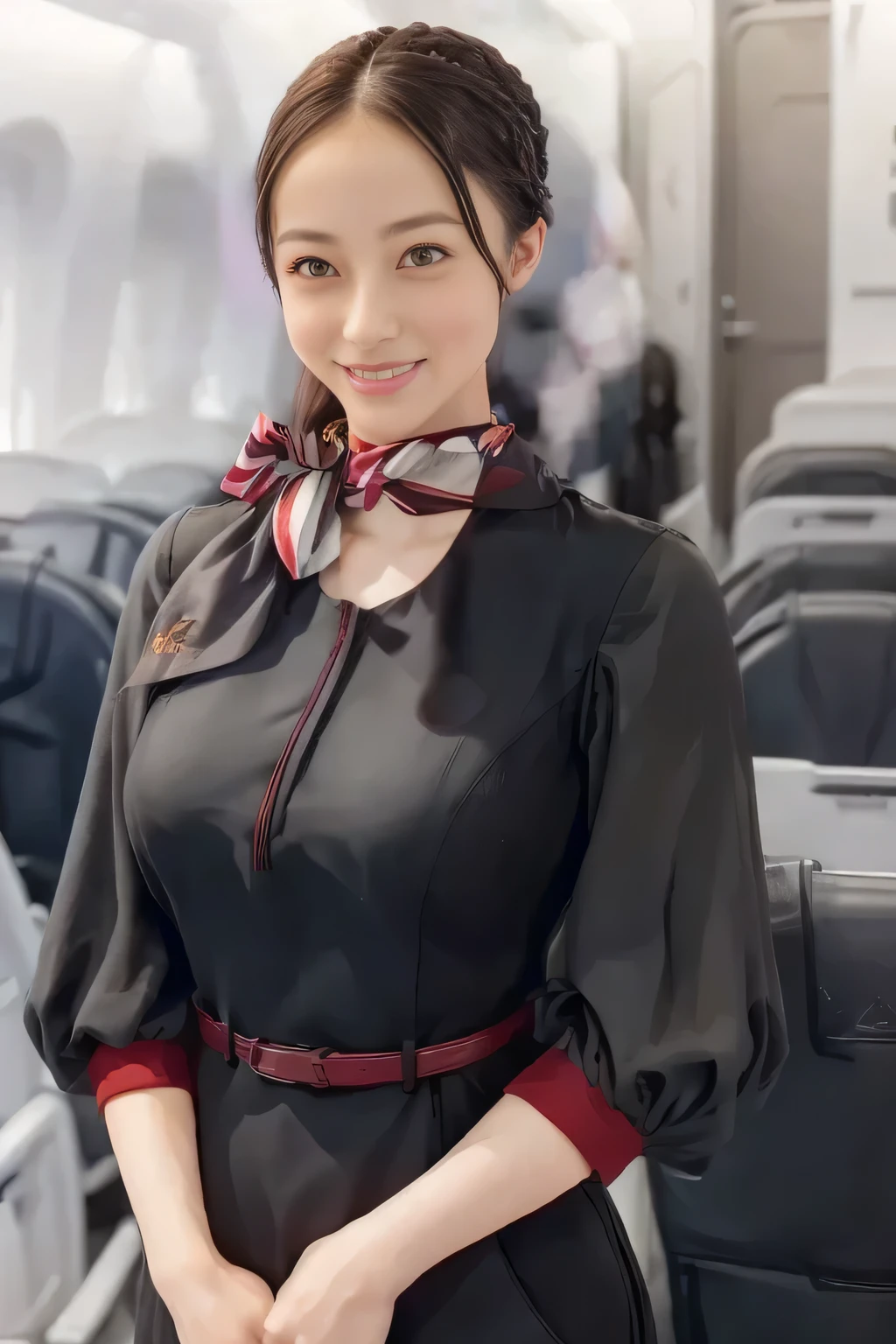 (masterpiece:1.2, top quality :1.2), 32kHDR, high definition , (Alone、 1 girl)、( on board)、In-flight background、( wearing a JAL flightattendant uniform )、(( short sleeve jumper skirt in a JAL flightattendant uniform {x} JAL flightattendant uniform 、Red belt wrapped around the waist 、 Scarf around the neck ))、 dark brown hair 、( Super Long Hair Wrap Hair、Braid Wrap Up Hair )、 、 long hit 、Big Breasts、Thin legs、(( amazing hands:2.0)),(( harmonious body proportions :1.5)),((Normal limbs:2.0)),((Usually :2.0)),(( Delicate eyes:2.0)),((Normal eyes:2.0)))、smile、( beautiful standing figure wearing a JAL flightattendant uniform )、Hands folded under the body