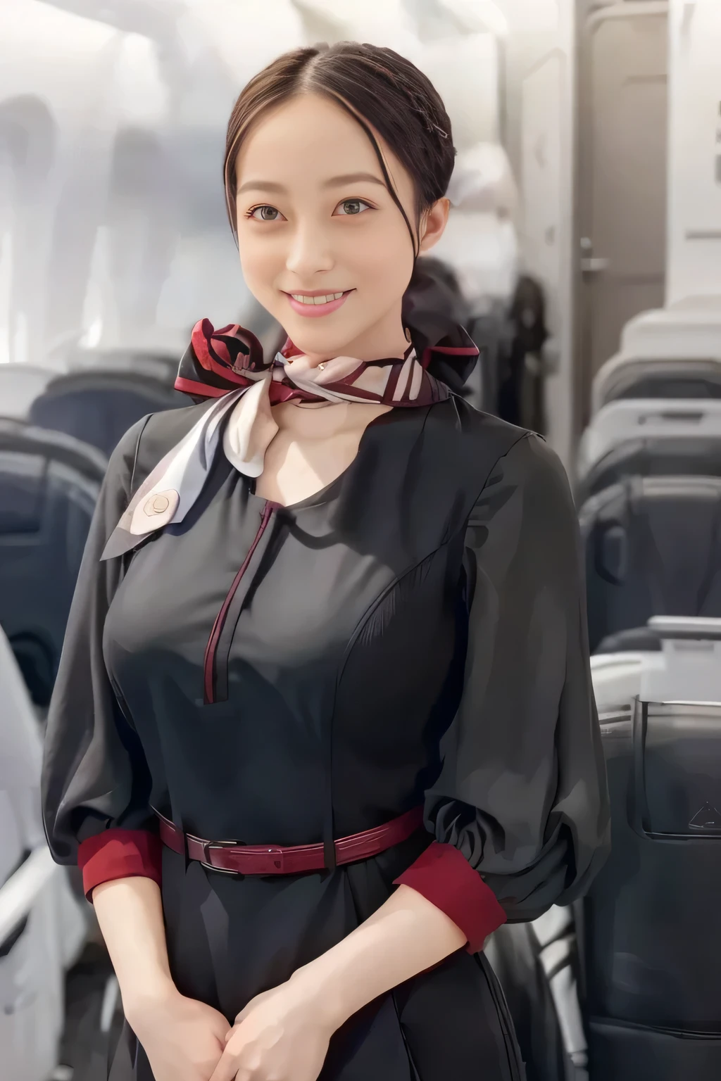 (masterpiece:1.2, top quality :1.2), 32kHDR, high definition , (Alone、 1 girl)、( on board)、In-flight background、( wearing a JAL flightattendant uniform )、(( short sleeve jumper skirt in a JAL flightattendant uniform {x} JAL flightattendant uniform 、Red belt wrapped around the waist 、 Scarf around the neck ))、 dark brown hair 、( Super Long Hair Wrap Hair、Braid Wrap Up Hair )、 、 long hit 、Big Breasts、Thin legs、(( amazing hands:2.0)),(( harmonious body proportions :1.5)),((Normal limbs:2.0)),((Usually :2.0)),(( Delicate eyes:2.0)),((Normal eyes:2.0)))、smile、( beautiful standing figure wearing a JAL flightattendant uniform )、Hands folded under the body