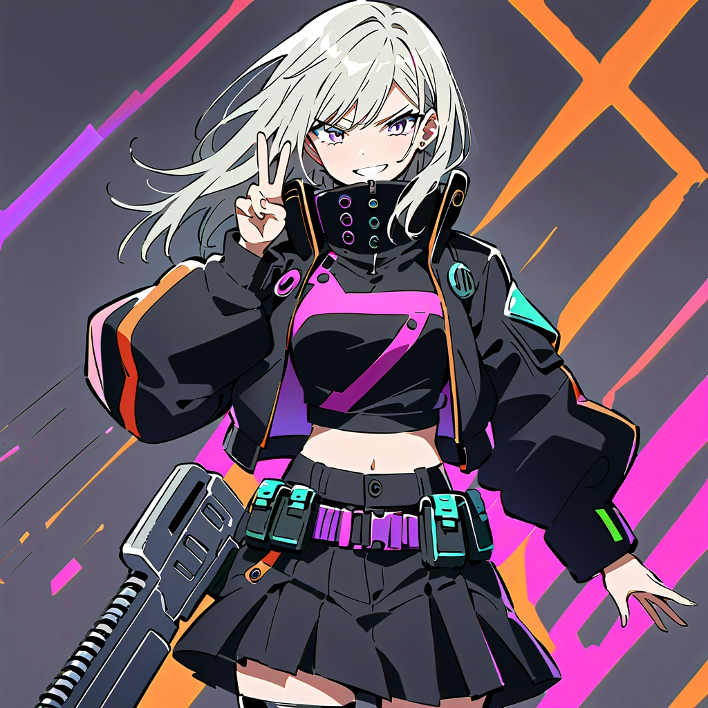 "A young, stylish anime girl with silver hair, wearing a futuristic black bomber jacket adorned with colorful geometric patches. She has a confident expression and is making a peace sign with her hand. She sports a sheer black crop top, a short pleated skirt, and a purple utility belt. The character also carries a sleek, futuristic rifle in matching purple and black tones. The overall style is cyberpunk-inspired, with vibrant accents and modern aesthetics, set against a plain dark background."