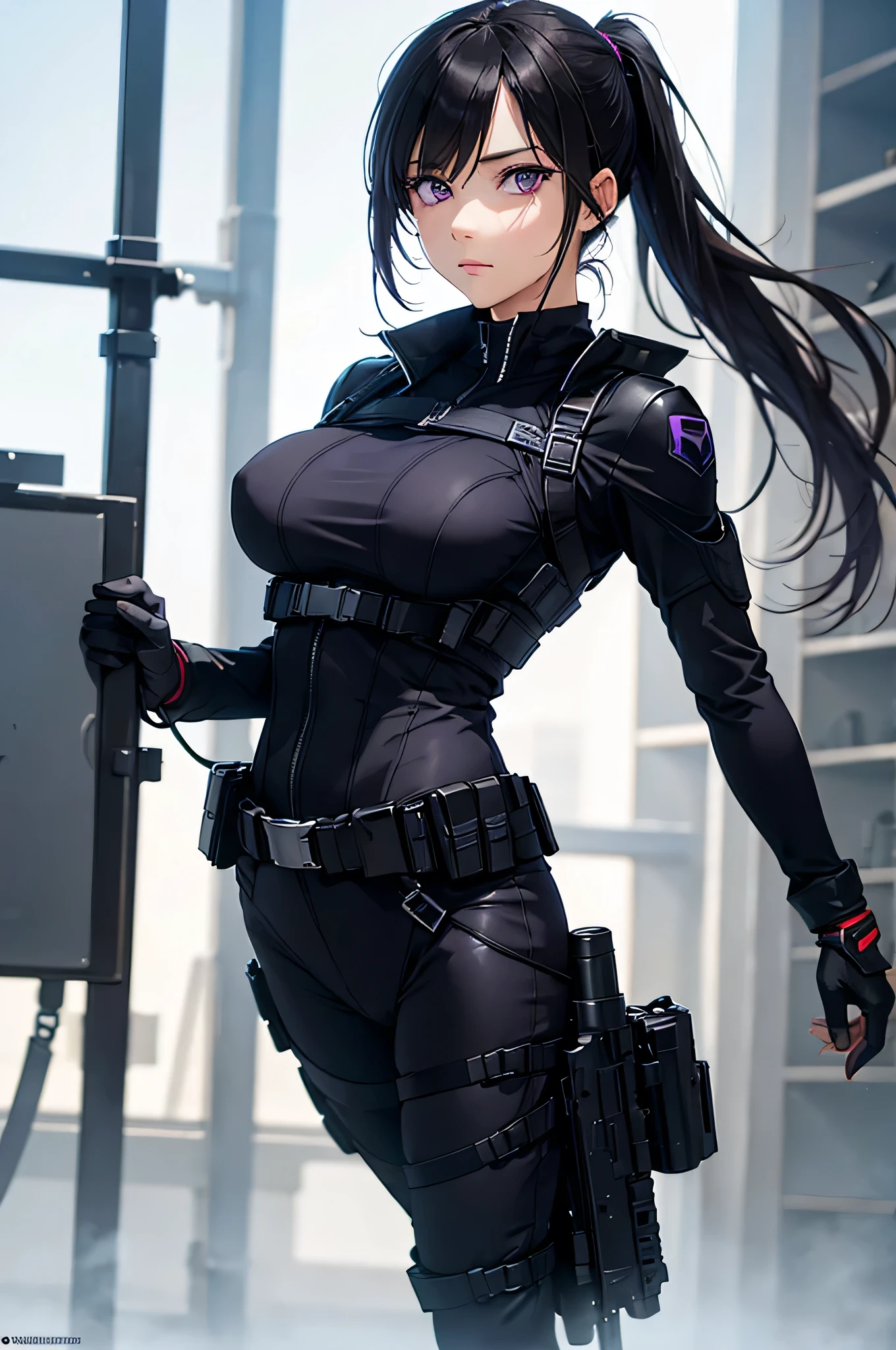 8k resolution,(( top quality )), super high res,Adult female, Alone,  sexy, ( with a bleak expression), ( purple eyes),  beautiful symmetrical face , (Black long ponytail),Black combat vest,assassin's catsuit, suit pants, realistic :1.4, realistic :1.4,(  Masterpiece  :1.2), perfect eyes, perfect eyes, anatomically correct human body ,Night Battlefield,mercenary, tactical belt ,holster,gun