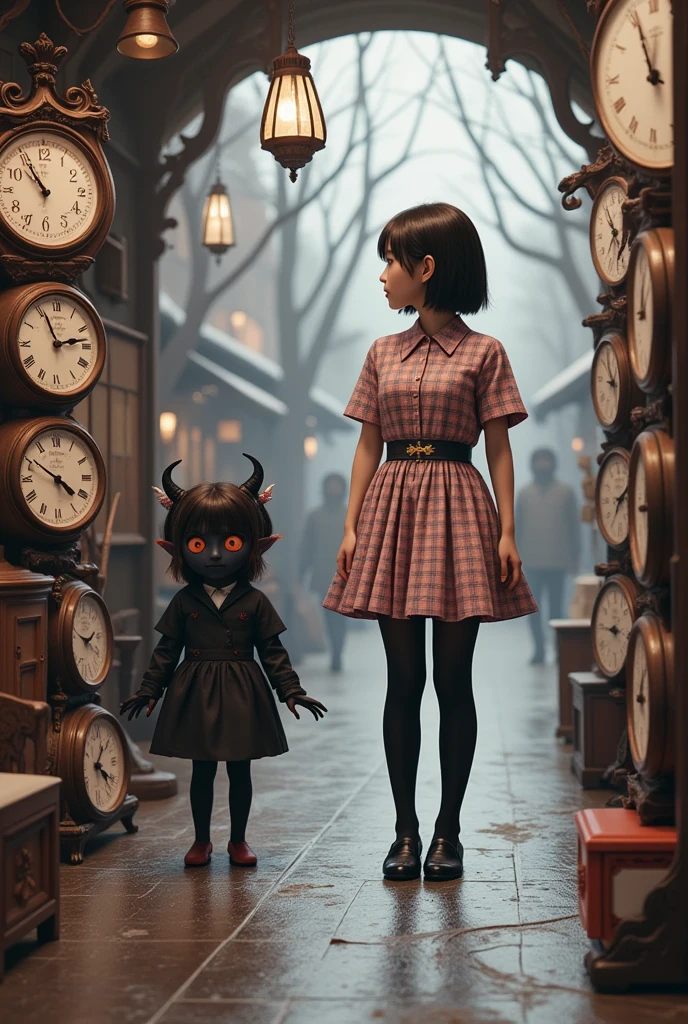 ultra-realistic, photorealistic, dramatic scene, shadow, global-illumination, solo, (20 years old beautiful Japanese girl), very beautiful fragile Japanese girl, very beautiful with very cute face, (Department store clerk, detailed face skin texture), (wearing a clerk's uniform with frills), hat, simple black pumps, She is in a show window of the clock shop facing the street and dressing a large cute anime-devil mannequin, a cute devil mannequin\(detailed eyes, dark black devil, very cute, black face, big eyes, large circle eyes, black skin, evil smile, orange eyes, vivid orange eyes, dark black skin, looking down, wearing pastel colored gorgeous antique maid costume\(big, long, Tattered\), full body, standing in the display window\), there are a large number of many kind of antique clocks and Japanese traditional antique furnishings are displayed in the display window, Shoppers passing by on the street, in winter, snowing