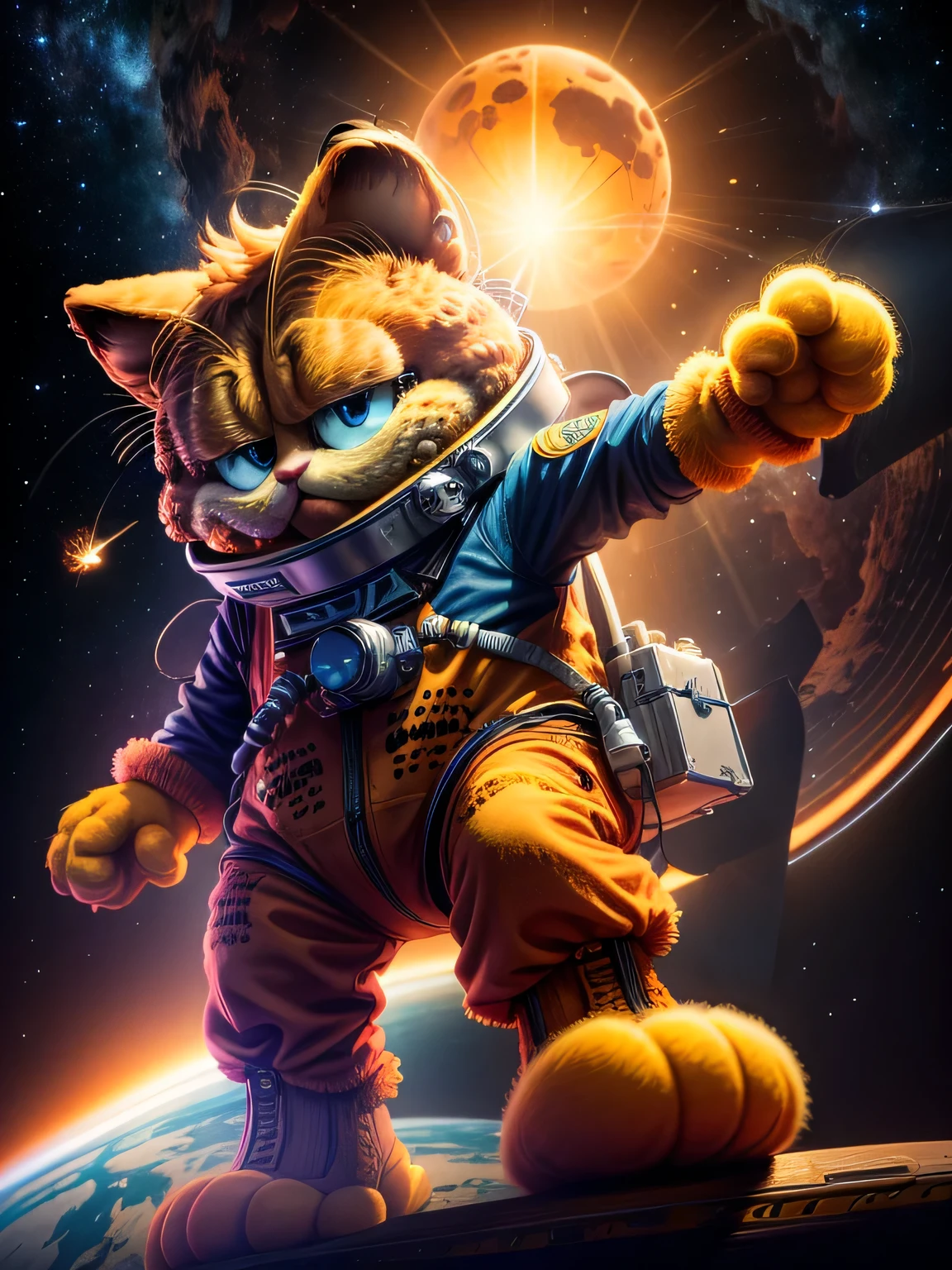 spaceship captain Garfield , Science Fiction，The masked Garfield ， has a space station in the background，masterpiece ，( very detailed CG unified 8k wallpaper）， （ BEST QUALITY WITH THE BEST）， （ Best Illustration ）， （ Best Shadow ），