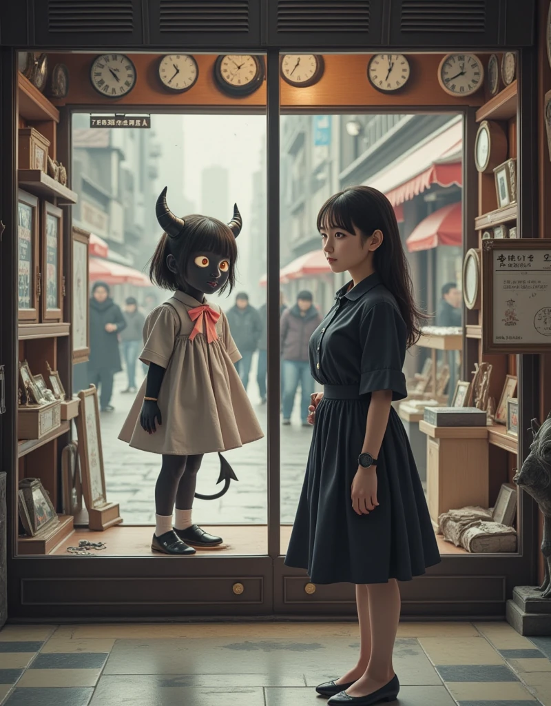 ultra-realistic, photorealistic, dramatic scene, shadow, global-illumination, solo, (20 years old beautiful Japanese girl), very beautiful fragile Japanese girl, very beautiful with very cute face, (Department store clerk, detailed face skin texture), (wearing a clerk's uniform with frills), hat, simple black pumps, She is in a show window of the clock shop facing the street and dressing a large cute anime-devil mannequin, a cute devil mannequin\(detailed eyes, dark black devil, very cute, black face, big eyes, large circle eyes, black skin, evil smile, orange eyes, vivid orange eyes, dark black skin, looking down, wearing pastel colored gorgeous antique maid costume\(big, long, Tattered\), full body, standing in the display window\), there are a large number of many kind of antique clocks and Japanese traditional antique furnishings are displayed in the display window, Shoppers passing by on the street, in winter, snowing