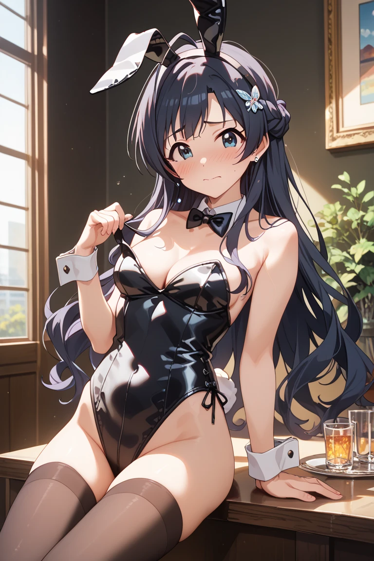 ((masterpiece)), Highest quality, Very detailed,(One Girl), Kotegawa Yui、 Long Hair,Beautiful background ,Completely naked, chest, Bent body,Lie in, Look to the side, Worried face, Female genitals in full view, Drunk look, Hot body、Sweaty、 Browsing Caution、Verbal invitation、In the heat、bow, animal ears, cleavage, bare shoulders, pantyhose, bowtie, green footwear, rabbit ears, high heels, leotard, black pantyhose, strapless, green bow, detached collar, fake animal ears, playboy bunny, green leotard, strapless leotard, thighband pantyhose, green bowtie,