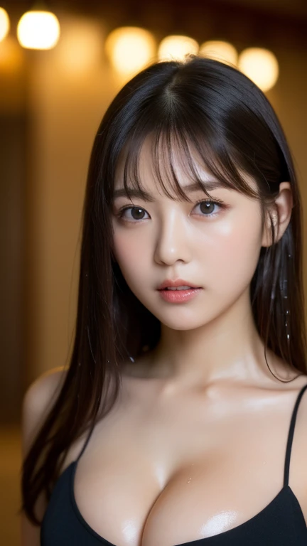 Princess , in castle , detailed hand , high quality, super quality, (detailed face:1.2), beautiful woman , golden eyes, long hair , night wear , sharpe eyebrow , beautiful bangs are covering her eyes , huge breast ,