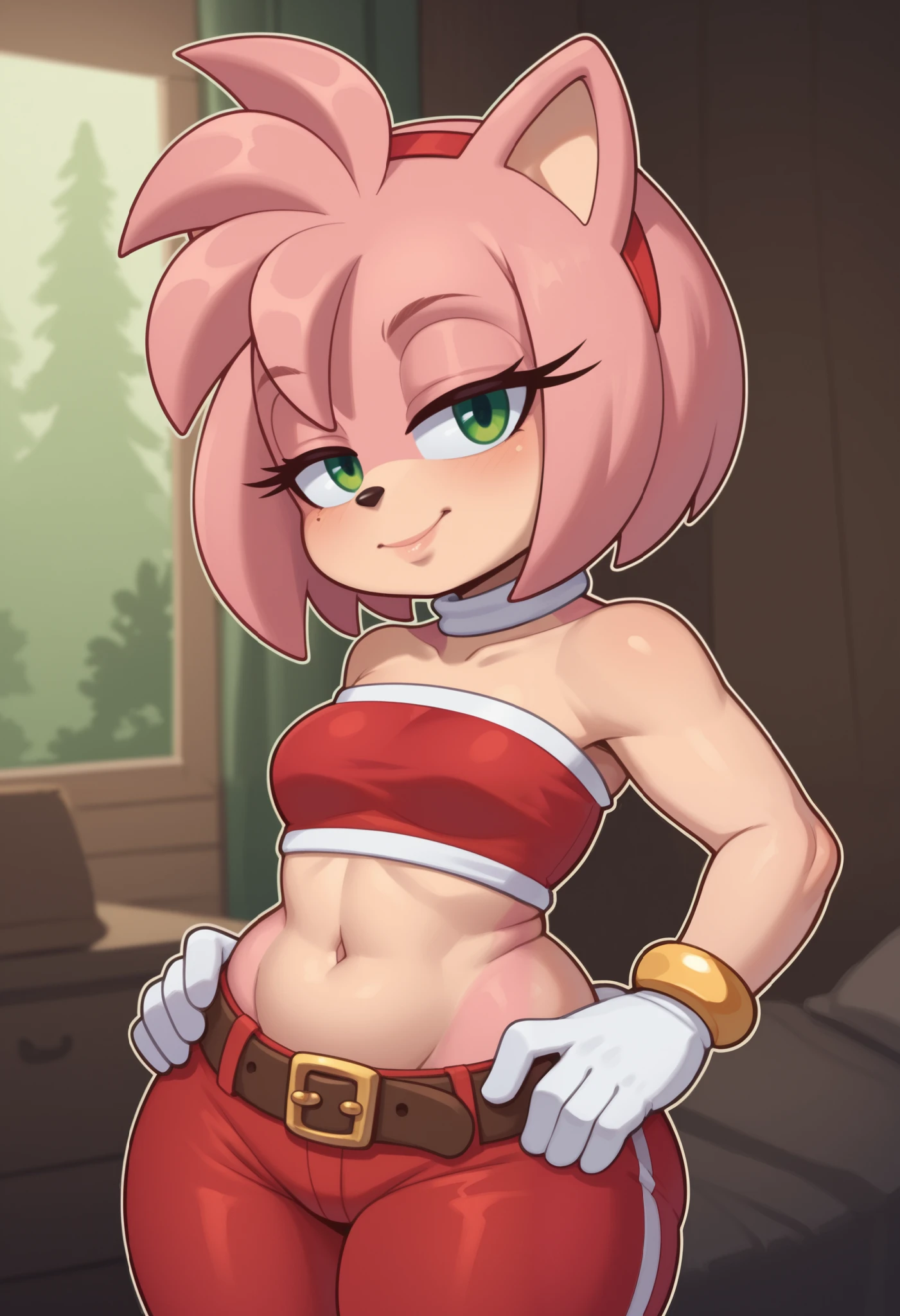 score_9, score_8_up, score_7_up, rating_explicit, source_cartoon, white outline, bold outline, simple background, evnstnly, 1 girl, furry female, amy rose, two-tone skin, cute, (shortstack:1.3), white gloves, gold bracelet, tube top, small breasts, huge hips, plump, chibi, hand on hip, motion lines, half closed eyes, head tilt, from side.| choker. gloves, navel,midriff, belt, pants, crop top, turtleneck, room, room background, cowboy shot. forest. tent
