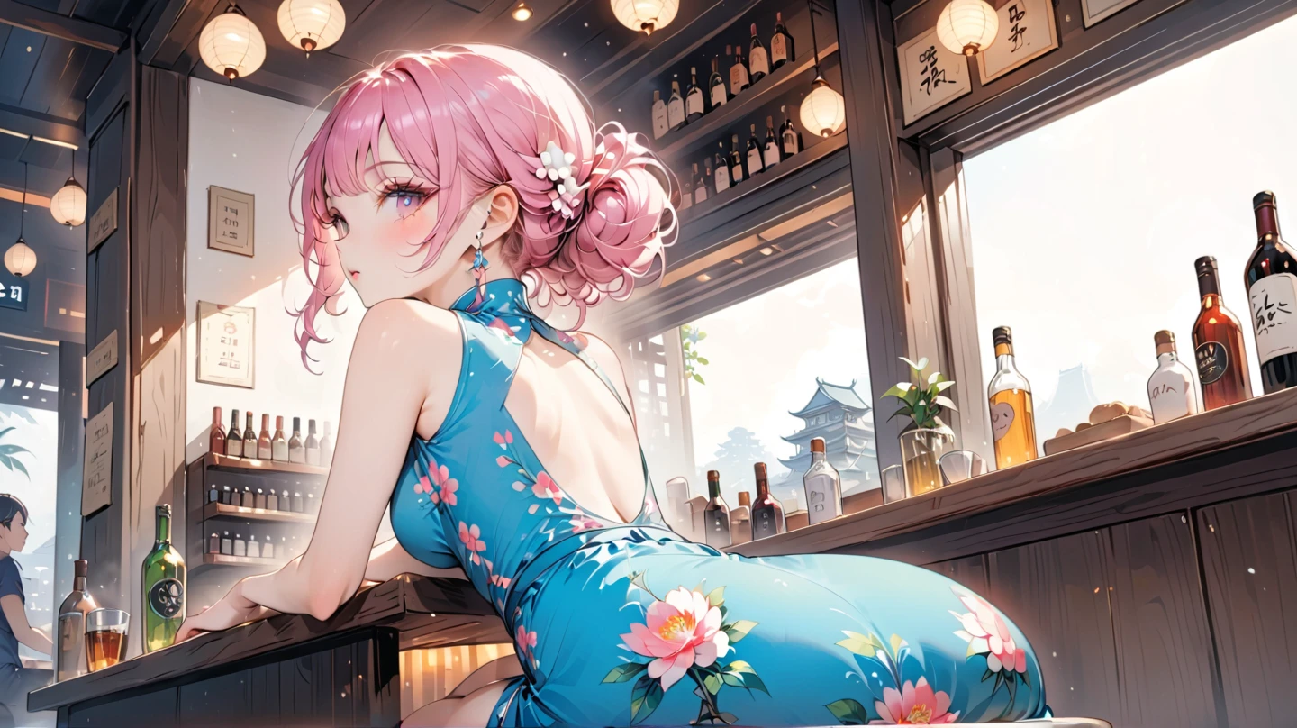 rating_safe, score_9, score_8_up, score_7_up, source_anime, masterpiece, best quality, solo, 1girl, wondering face, firm breasts(she is wearing pink floral body hugging cheongsam) ( sitting, bar counter, look back, side view) see butt and hip, lough bar Tokyo, (Japan), best quality, 8k,