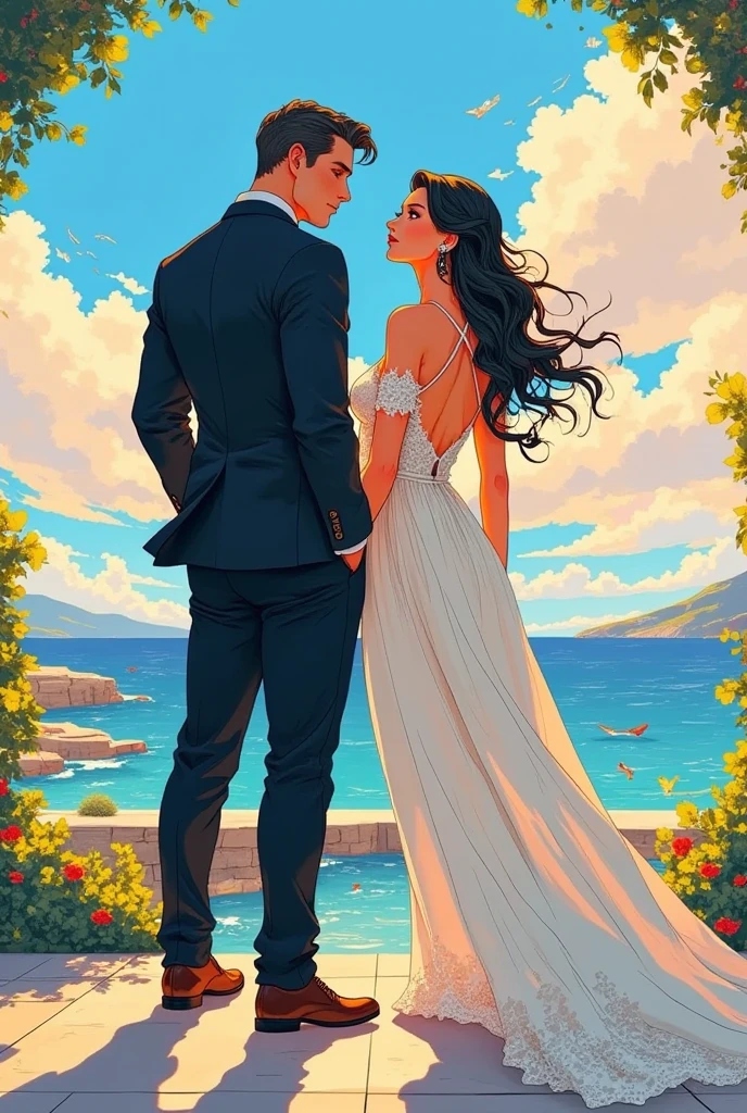 （masterpiece、 top quality :1.2), couple,Latin, white dress、simple tuxedo, beautiful muscles holding a woman, beautiful hands,Delicate embroidery on the dress、Focus on a woman's back,beautiful pose,coastal,Soft Illuminated Light ,Floor reflection, Tension and mood 、 handwritten illustration