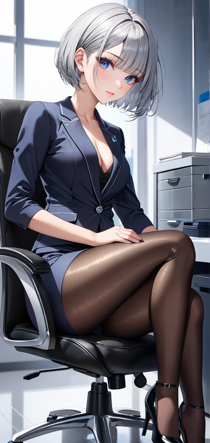 blowjob, (masterpiece:1.2) , (best quality:1.2) , (ultra-detailed:1.2), cinematic lighting, realistic, couple, sex, sex from behind, penis, vaginal, much cum shot in vagina, Luxury hotel president&#39;s office、 double piece。blonde short hair。Wearing a GIVENCHY business jacket。Showing bare breasts。nsfw。nude。A regretful look。humiliation。 Ultra high definition、master piece, 