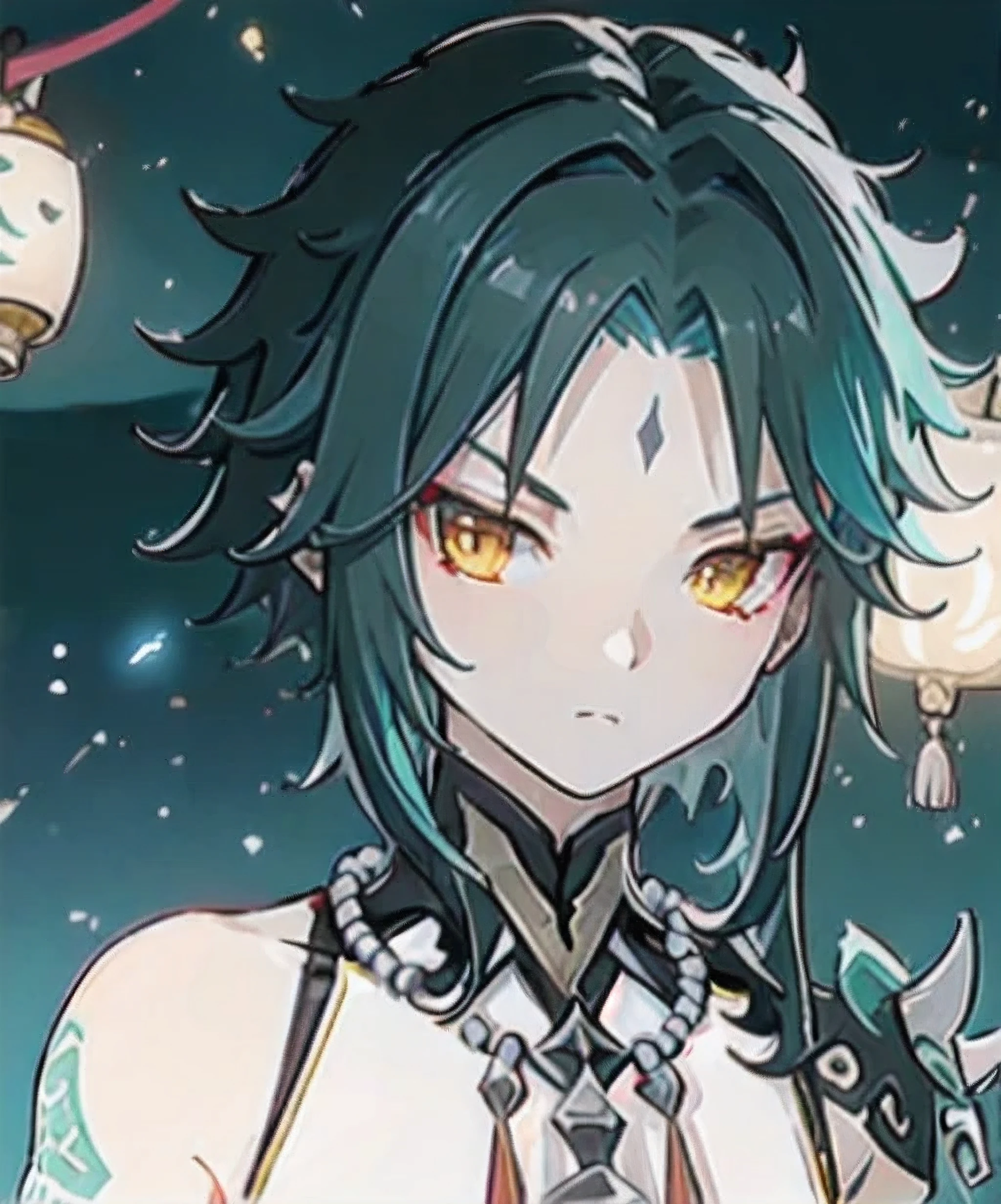 1boy,dark green hair,best quality,xiao,genshin impact,surrounded by lanterns,festive lanters,masterpiece,extremely,yellow eyes,male focus,beautiful eyes,holding weapon,serious face 