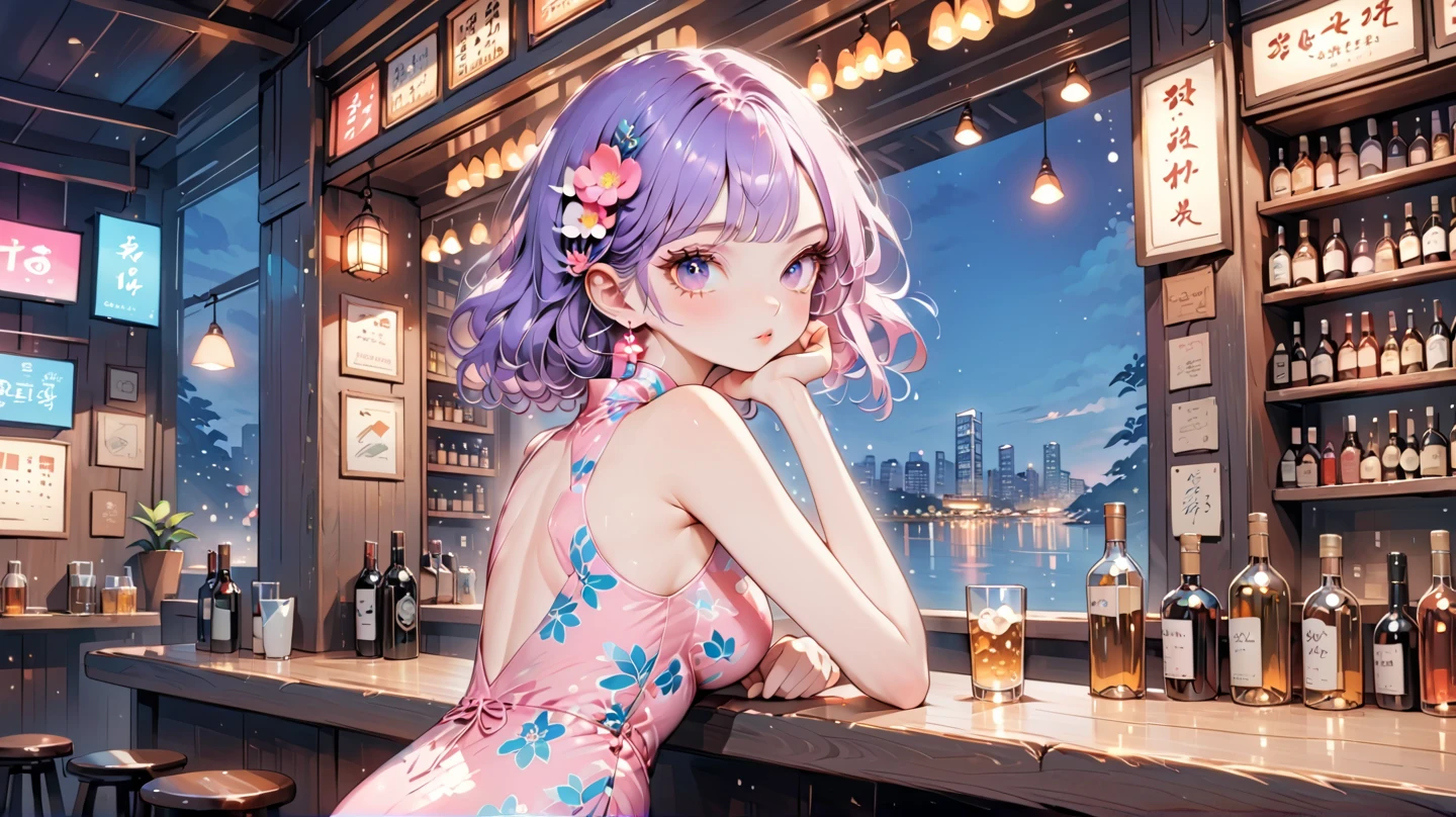 rating_safe, score_9, score_8_up, score_7_up, source_anime, masterpiece, best quality, solo, 1girl, wondering face, firm breasts(she is wearing pink floral body hugging cheongsam) ( sitting, bar counter, look back, side view) see butt and hip, lough bar Tokyo, (Japan), best quality, 8k,