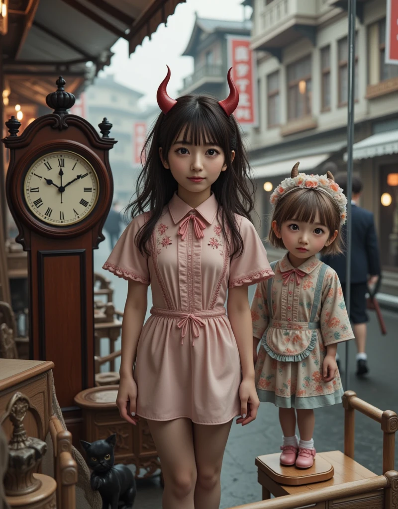 ultra-realistic, photorealistic, dramatic scene, shadow, global-illumination, solo, (20 years old beautiful Japanese girl), very beautiful fragile Japanese girl, very beautiful with very cute face, (Department store clerk, detailed face skin texture), (wearing a clerk's uniform with frills), hat, simple black pumps, She is in a show window of the clock shop facing the street and dressing a large cute anime-devil mannequin, a cute devil mannequin\(detailed eyes, dark black devil, very cute, black face, big eyes, large circle eyes, black skin, evil smile, orange eyes, vivid orange eyes, dark black skin, looking down, wearing pastel colored gorgeous antique maid costume\(big, long, Tattered\), full body, standing in the display window, holding a cute black devil cat\), there are a large number of many kind of antique clocks and Japanese traditional antique furnishings are displayed in the display window, Shoppers passing by on the street, in winter, snowing