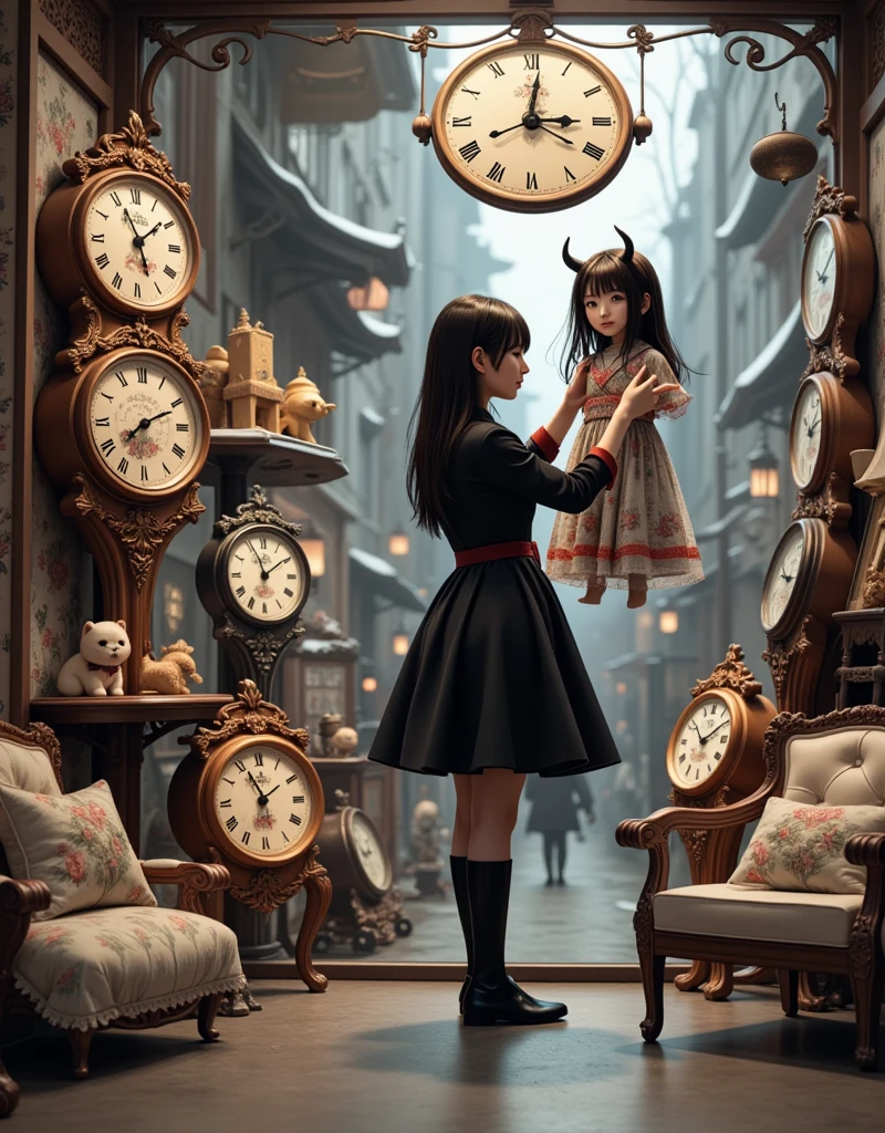 ultra-realistic, photorealistic, dramatic scene, shadow, global-illumination, solo, (20 years old beautiful Japanese girl), very beautiful fragile Japanese girl, very beautiful with very cute face, (Department store clerk, detailed face skin texture), (wearing a clerk's uniform with frills), hat, simple black pumps, She is in a show window of the clock shop facing the street and dressing a large cute anime-devil mannequin, a cute devil mannequin\(detailed eyes, dark black devil, very cute, black face, big eyes, large circle eyes, black skin, evil smile, orange eyes, vivid orange eyes, dark black skin, looking down, wearing pastel colored gorgeous antique maid costume\(big, long, Tattered\), full body, standing in the display window, holding a cute black devil cat\), there are a large number of many kind of antique clocks and Japanese traditional antique furnishings are displayed in the display window, Shoppers passing by on the street, in winter, snowing