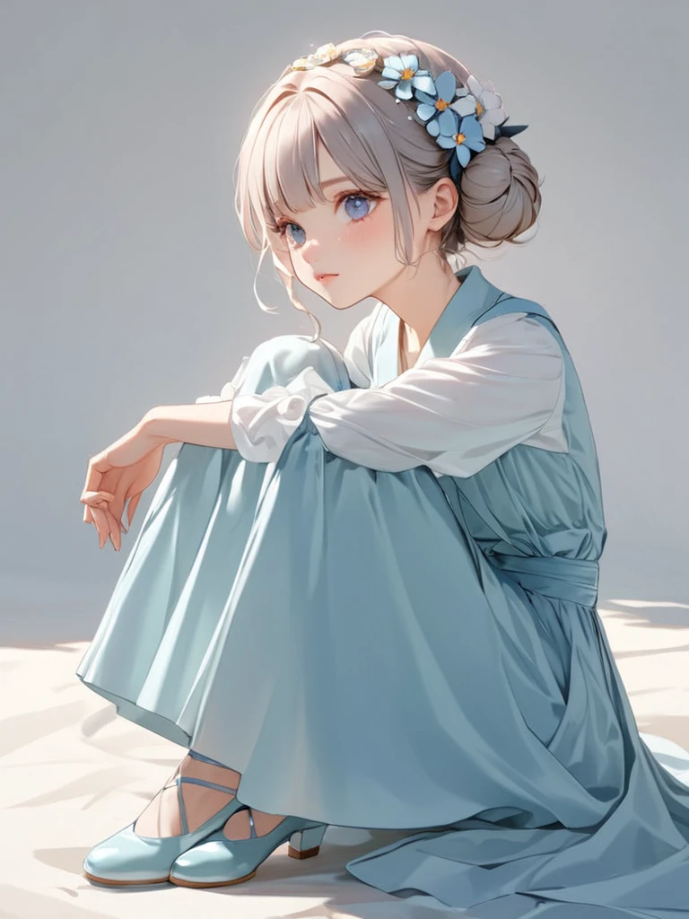 It's beautiful　eyes々Kurikuri girl　 sitting with your knees bent 　Shoes　Light blue clothes　 flower hair ornament with bun head 