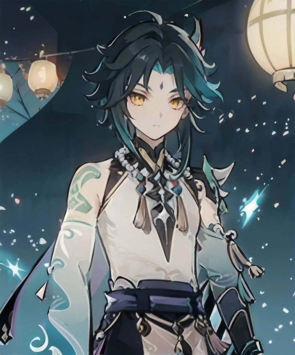 1boy,dark green hair,best quality,xiao,genshin impact,surrounded by lanterns,festive lanters,masterpiece,extremely,yellow eyes,male focus,beautiful eyes,holding weapon,serious face 