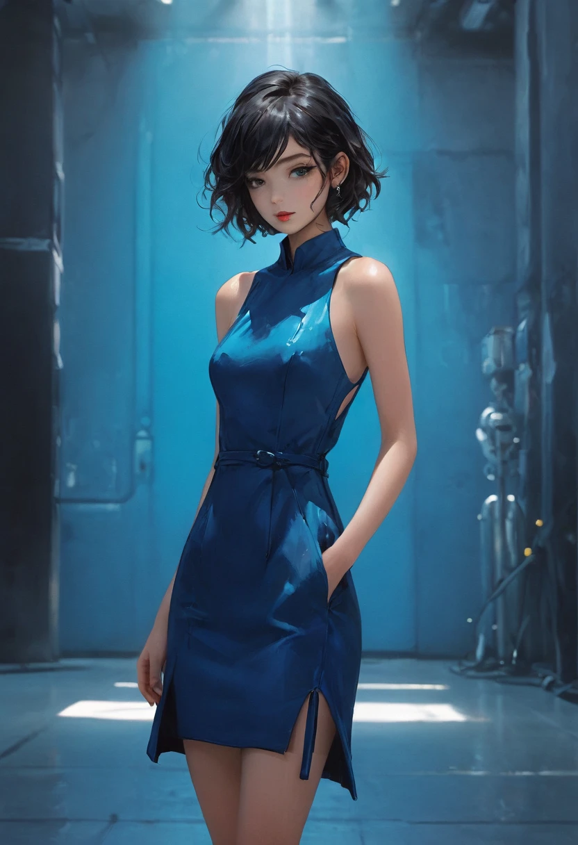 low angle view, full view of a 30 year old woman, short straight black hair, blue colored eyes, Scrawny, She is wearing a long cream and blue futuristic suit, Black boots, analog style, texture skin, film grain, ultra-high resolution, best shade, CRU, high-detailed face, highly detailed skin, Highly detailed face, beautiful face, natural texture skin, without reflection, see the grain of your skin, high-detailed face, highly detailed skin, Fujifilm XT3