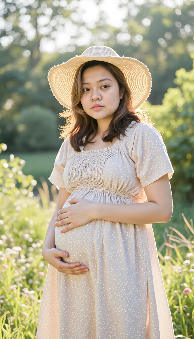Pregnant 25 year old woman,grey hair, sitting in a pink flowered dress in a wheat field