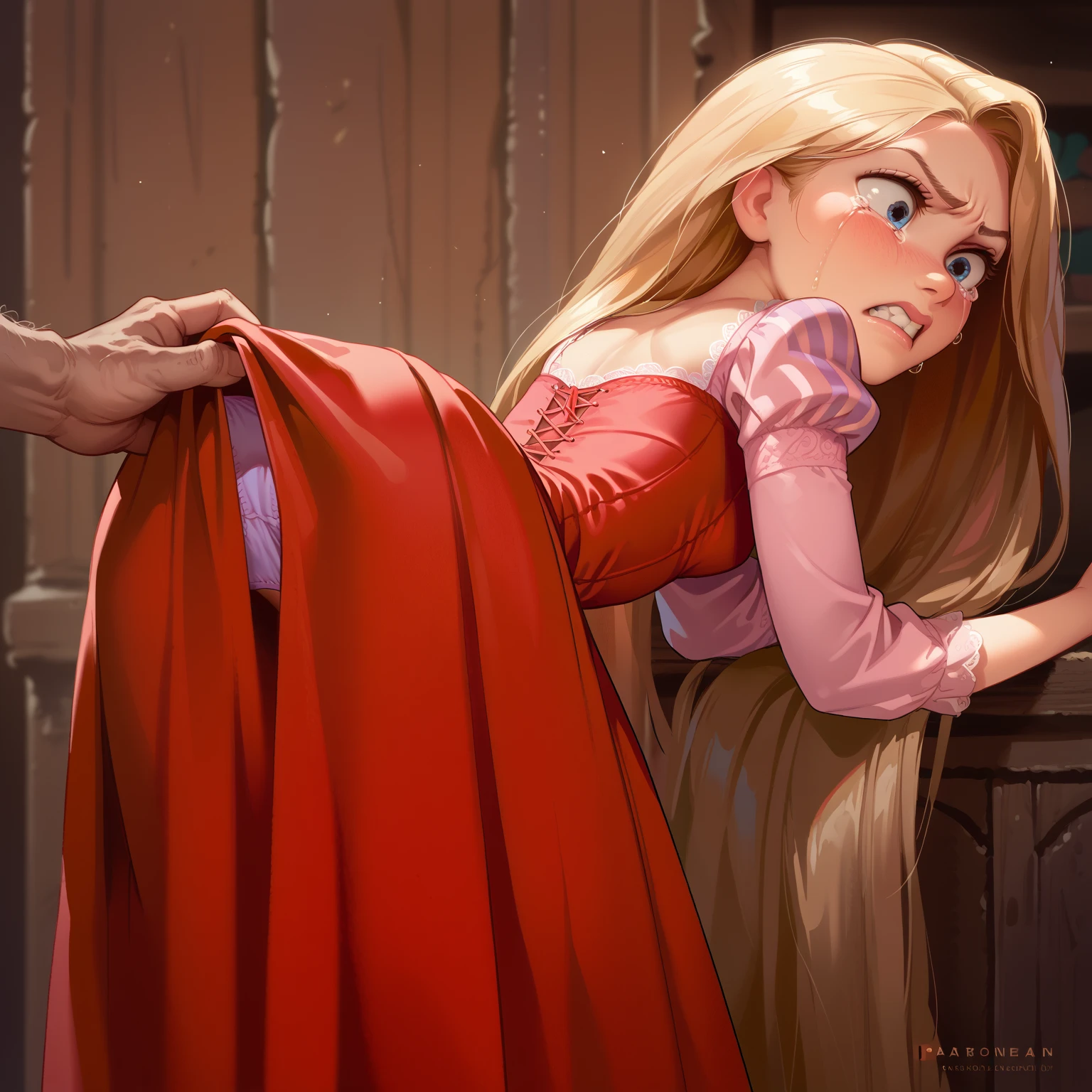 1girl ,rapunzel, skinny, beautiful, blue eyes, ((red dress)), angry, crying, old man grabs her ass under the skirt, grabbing girl´s panties,