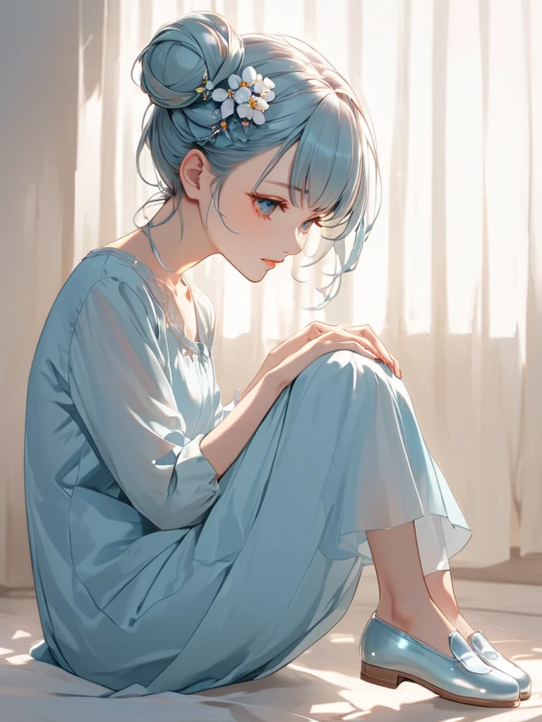 It's beautiful　eyes々Kurikuri girl　 sitting with your knees bent 　Shoes　Light blue clothes　 flower hair ornament with bun head 　長い髪