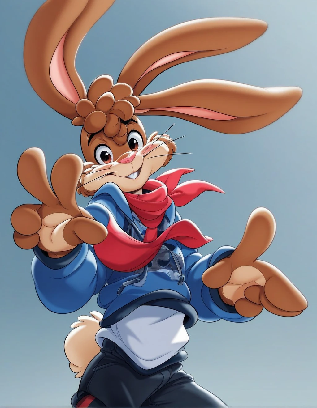 zPDXL3,quicky,4 fingers,brown fur, black pants, red neck scarf, blue striped shirt, French style, standing, young adult, cute version of quicky, cute rabbit hair, furry, rabbit, male, gay, femboy, slim,solo,looking_at_viewer,