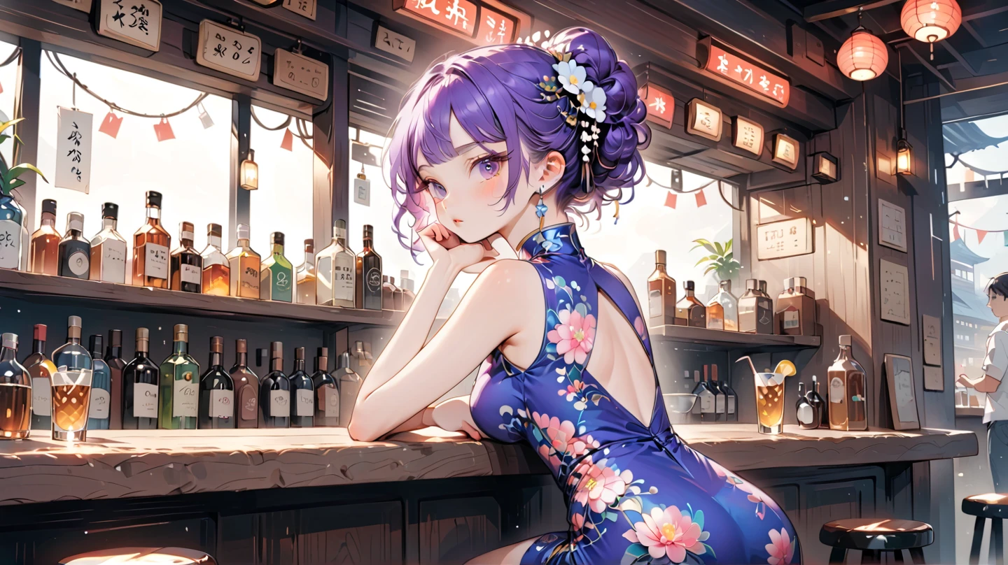 rating_safe, score_9, score_8_up, score_7_up, source_anime, masterpiece, best quality, solo, 1girl, wondering face, firm breasts(she is wearing purple hugging cheongsam and pink floral) ( sitting, bar counter, look back, side view) see butt and hip, lough bar Tokyo, (Japan), best quality, 8k,