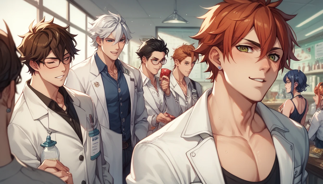  Manami Kaneshiro from Pretty Cat，For PONYXL 、 sexy girls and muscle boys、Holding experimental equipment， Shorthair cat  、Doctor&#39;s white coat、、 anime characters 、 in the Chemistry Lab 、The background has a lot of chemical testing equipment