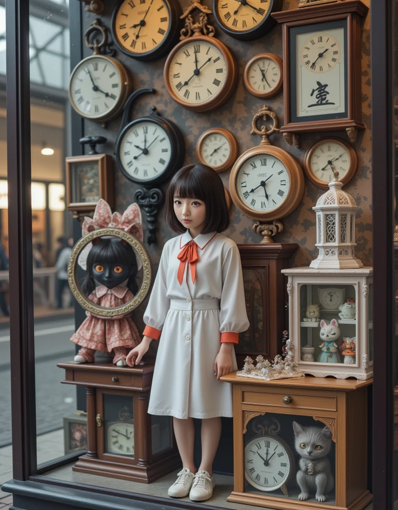 ultra-realistic, photorealistic, dramatic scene, shadow, global-illumination, solo, (20 years old beautiful Japanese girl), very beautiful fragile Japanese girl, very beautiful with very cute face, (Department store clerk, detailed face skin texture), (wearing a clerk's uniform with frills), hat, simple black pumps, She is in a show window of the clock shop facing the street and dressing a large cute anime-devil mannequin, a cute devil mannequin\(detailed eyes, dark black devil, very cute, black face, big eyes, large circle eyes, black skin, evil smile, orange eyes, vivid orange eyes, dark black skin, looking down, wearing pastel colored gorgeous antique maid costume\(big, long, Tattered\), full body, standing in the display window, holding a cute black devil cat\), there are a large number of many kind of antique clocks and Japanese traditional antique furnishings are displayed in the display window, Shoppers passing by on the street, in winter, snowing