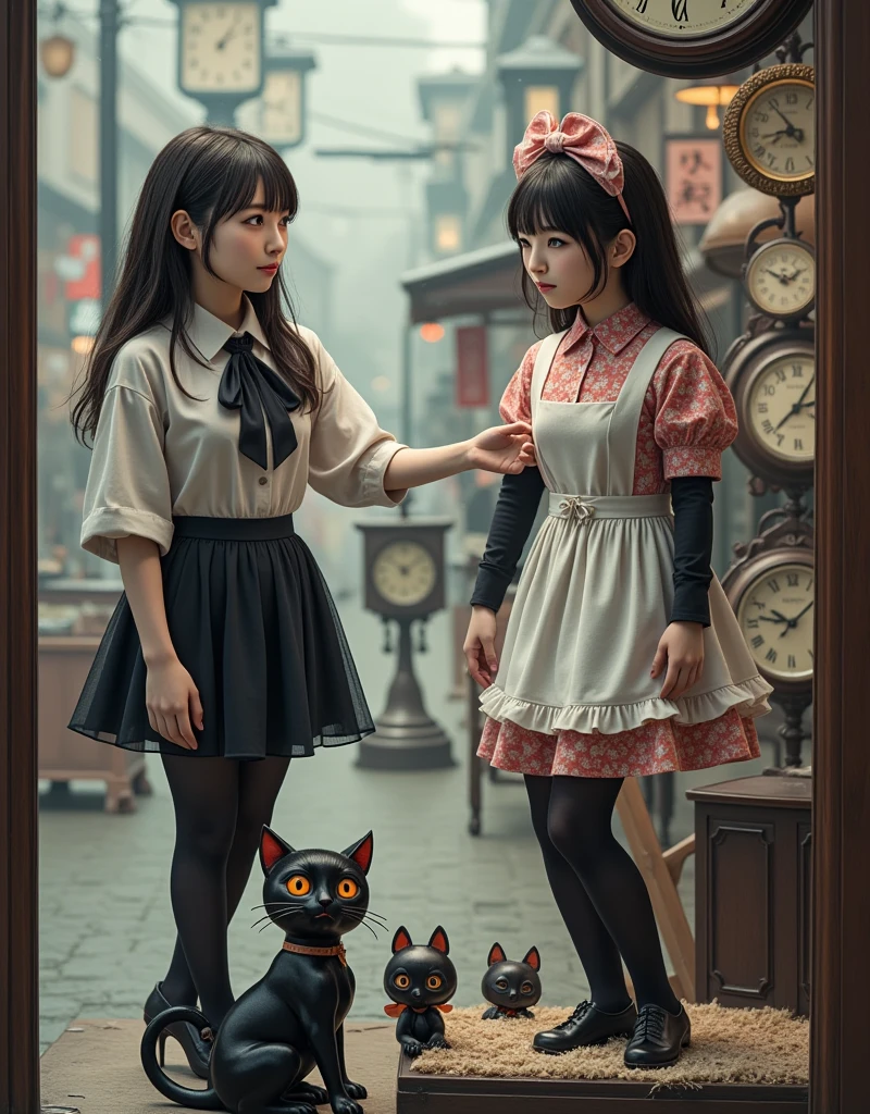 ultra-realistic, photorealistic, dramatic scene, shadow, global-illumination, solo, (20 years old beautiful Japanese girl), very beautiful fragile Japanese girl, very beautiful with very cute face, (Department store clerk, detailed face skin texture), (wearing a clerk's uniform with frills), hat, simple black pumps, She is in a show window of the clock shop facing the street and dressing a large cute anime-devil mannequin, a cute devil mannequin\(detailed eyes, dark black devil, very cute, black face, big eyes, large circle eyes, black skin, evil smile, orange eyes, vivid orange eyes, dark black skin, looking down, wearing pastel colored gorgeous antique maid costume\(big, long, Tattered\), full body, standing in the display window, holding a cute black devil cat\), there are a large number of many kind of antique clocks and Japanese traditional antique furnishings are displayed in the display window, Shoppers passing by on the street, in winter, snowing