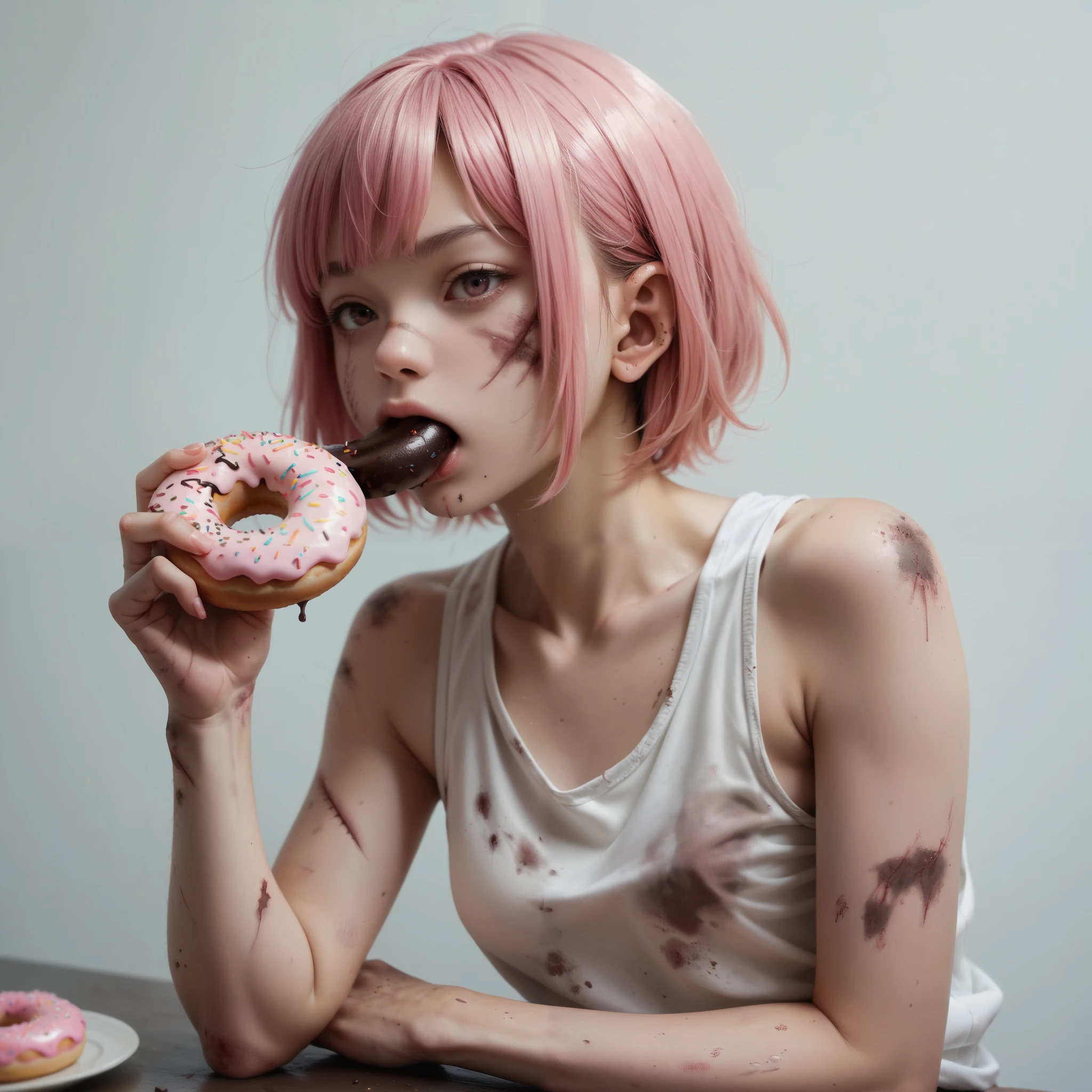 japanese girl. Pink hair with bangs. Dirty body. Bruises. Injuries. Tank top. Eating a donuts
