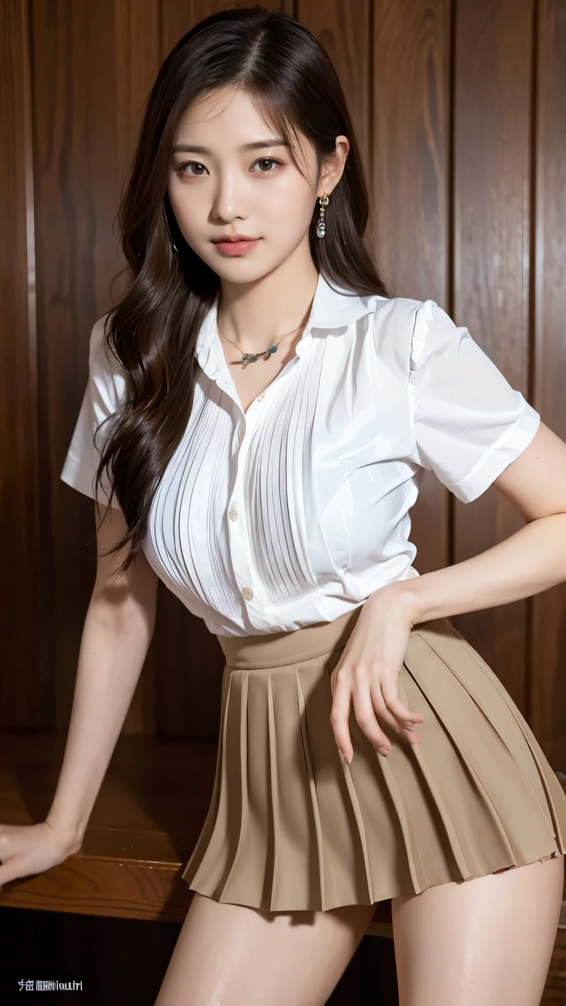 ((RAW photograph, Realistic photo, Best quality, 8K, Masterpiece: 1.3)), (raw photo:1.2), Hyperrealist portrait gorgeous Beautiful Chinese girl, teen girl, 16 years old, (pretty small teen body, beautiful flat breasts: 1.2), very detailed eyes and face, (lustfully naughty face, crimson red lip, Dewy Glow makeup: 1.3, blushing), beautiful detailed eyes, seductive sharp eyes, (charming smile: 1), smooth white skin, photo realistic, very detailed faces, ((school uniform), (unbuttoned a white shirt)), ((black pleated skirt: 1.2), (black stockings: 1.3)), (long legs: 1.2, beautiful long nails), loose curls hairstyle, (standing pose), (modern classroom background)