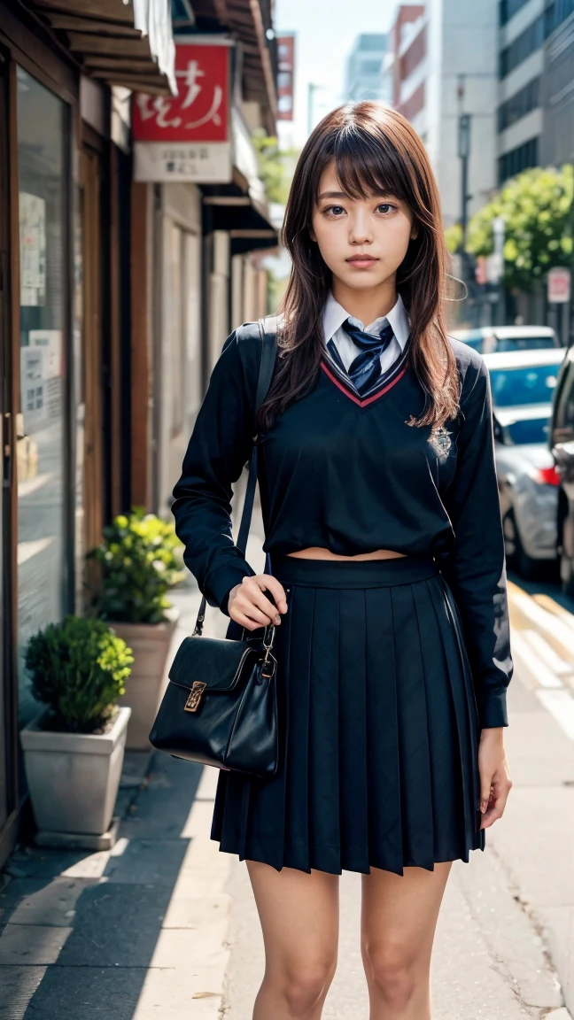 a beautiful 18 year old Japanese high school girl with perfect anatomy, healthy thighs, beautiful legs, beautiful skin, random hair color and style, large breasts, (wearing a Japanese schoolgirl uniform:1.3), (she is standing:1.2), penny loafers, holding a student bag, full body shot, standing on a city street, (best quality,4k,8k,highres,masterpiece:1.3),(extremely detailed:1.2), photorealistic, ultra-detailed, vivid colors, studio lighting, professional, Kasumi Arimura