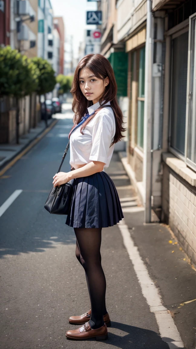 a beautiful 18 year old Japanese high school girl with perfect anatomy, healthy thighs, beautiful legs, beautiful skin, random hair color and style, large breasts, (wearing a Japanese schoolgirl uniform:1.3), (she is standing:1.2), penny loafers, holding a student bag, full body shot, standing on a city street, (best quality,4k,8k,highres,masterpiece:1.3),(extremely detailed:1.2), photorealistic, ultra-detailed, vivid colors, studio lighting, professional, Kasumi Arimura