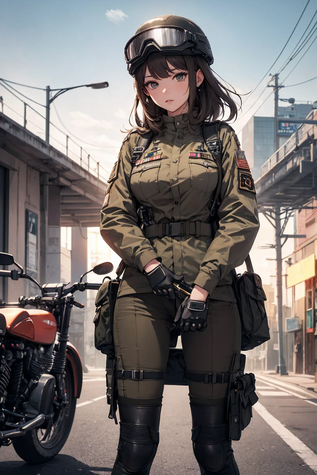 masterpiece,最 High Quality , high res,Extremely clear 8K wallpaper, High Quality , armybiker style, 1girl, uniform, goggles、vintage army bike, mechanical arms, gigantic breast