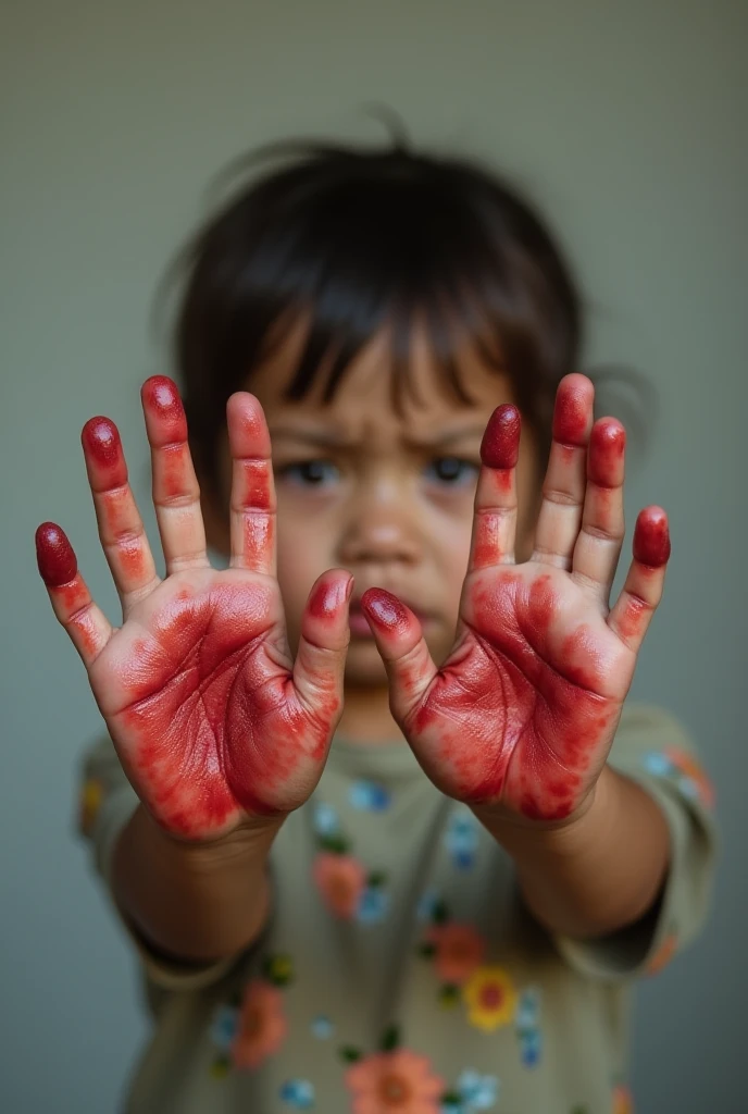 A little white kid showing his swollen and injured arm to the camera from the side and make it look like a real human