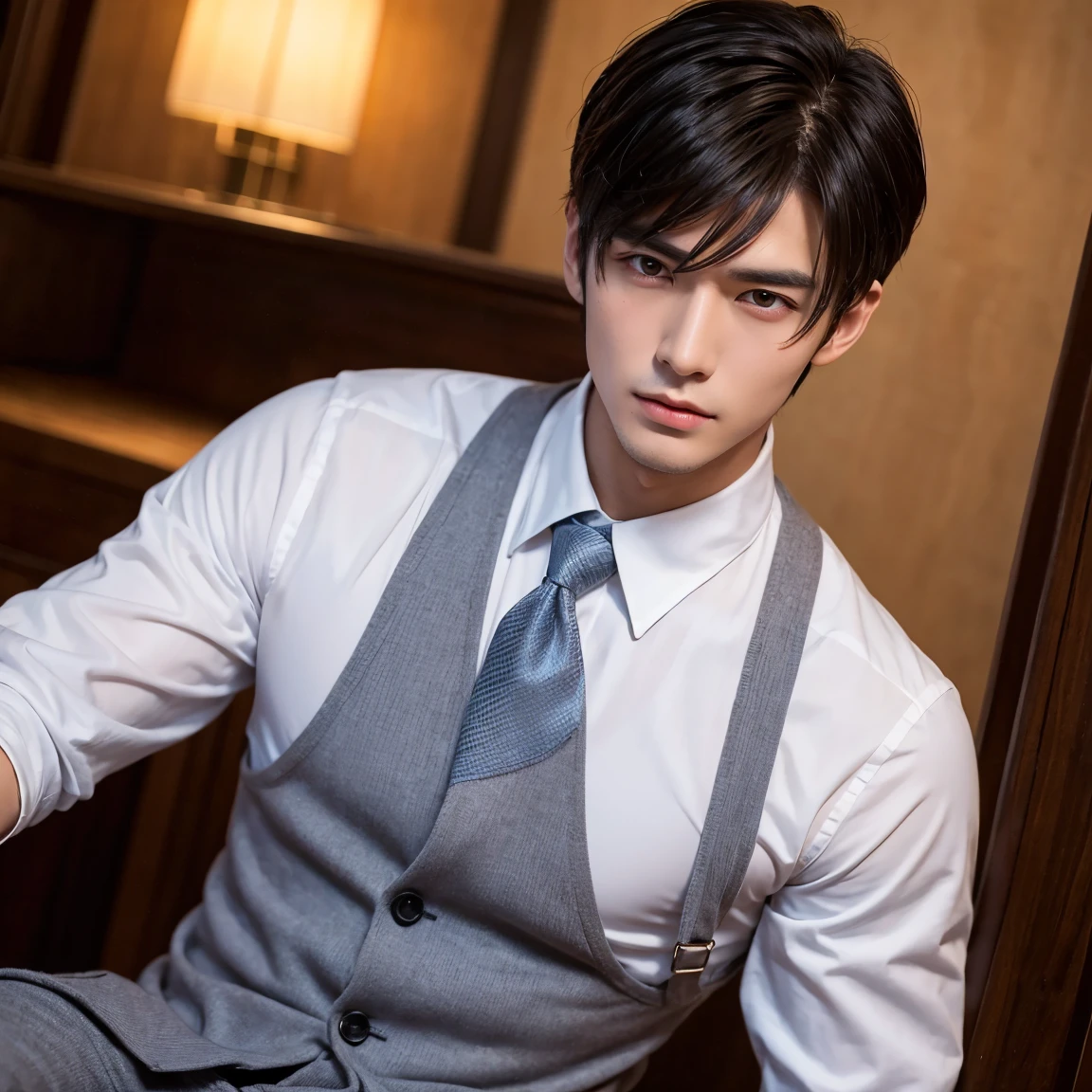 1boy, mature handsome, height 180cm, wheelchair, broad shoulders, strong arms, fair skin, sharp facial features, defined jawline, deep-set eyes, sharp eyebrows, phoenix eyes, straight nose, thin lips, short neat hair, side-swept bangs, custom suit shirt, dress pants, noble aura, sophisticated gentleman, Chinese features, age 27