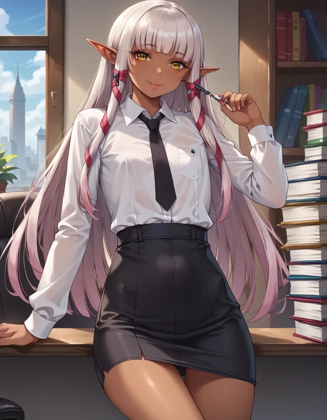 score_9, score_8_up, score_8, 1 girl, solo, elf, evelyn celebrian, dark skin, yellow eyes, Flat chest，child，li, looking at viewer, long straight hair, horny smile, office clothes