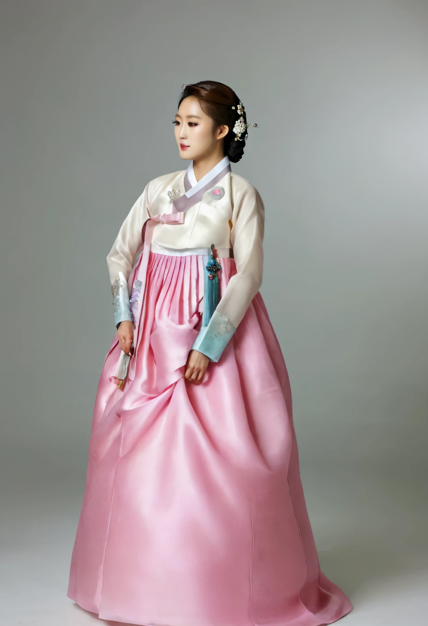 A Korean man in women's hanbok, hi is crossdresser, His face and hairstyle are very masculine, silk, Mother of the Bride hanbok Dress Outfit, breasts like a woman, white and pink, slender female body, satin, little side view, full body shot