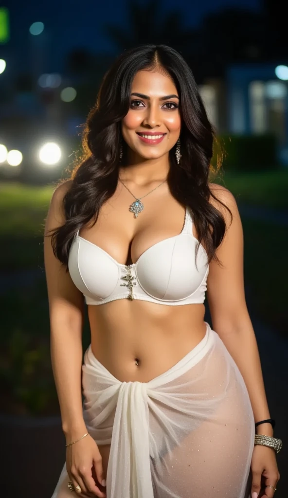 sexy indian woman wearing a revealing white tank top big breasts and nipple erections long legs and high heels