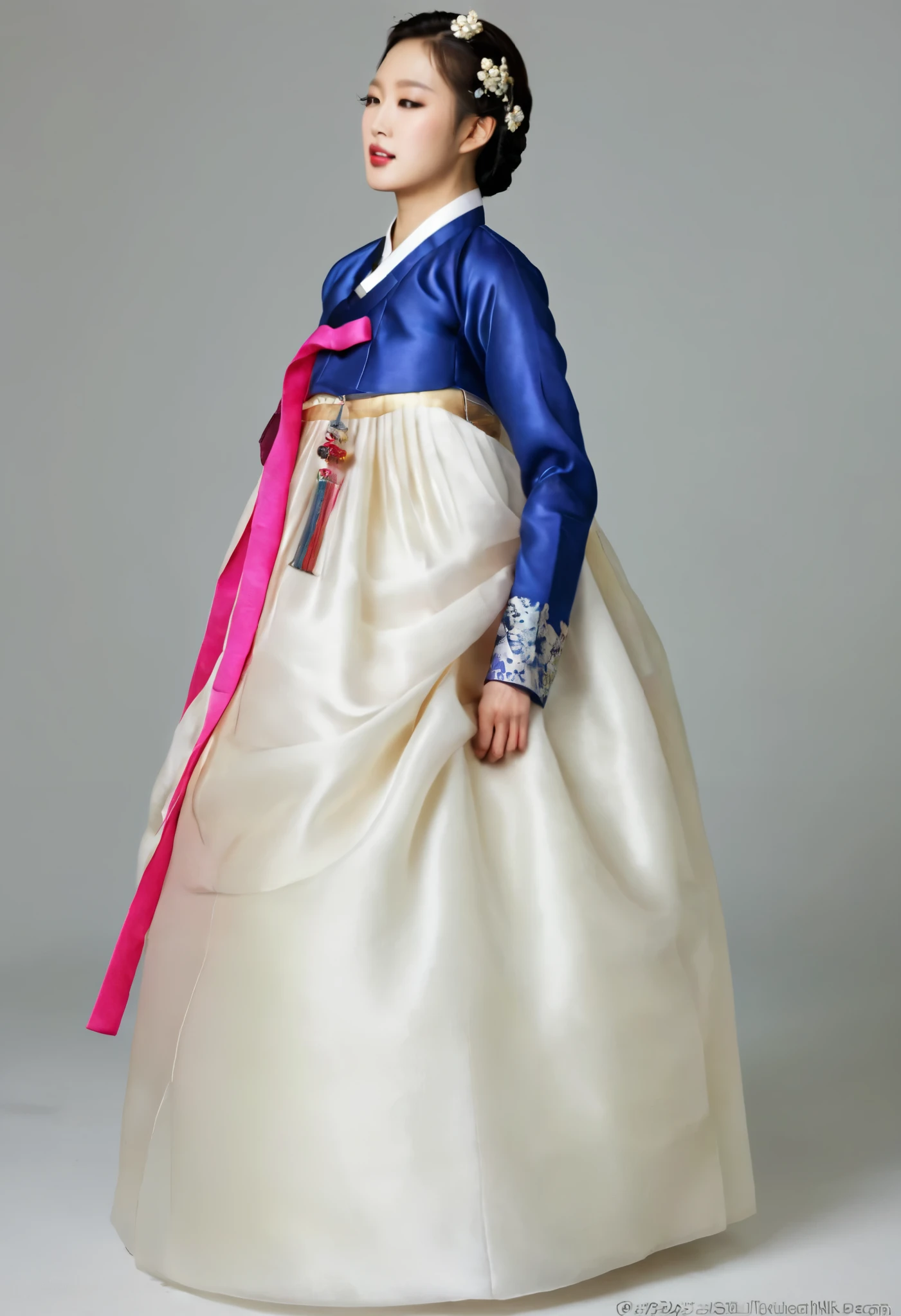 A Korean man in women's hanbok, hi is crossdresser, His face and hairstyle are very masculine, silk, Mother of the Bride hanbok Dress Outfit, breasts like a woman, white and pink, slender female body, satin, little side view, full body shot