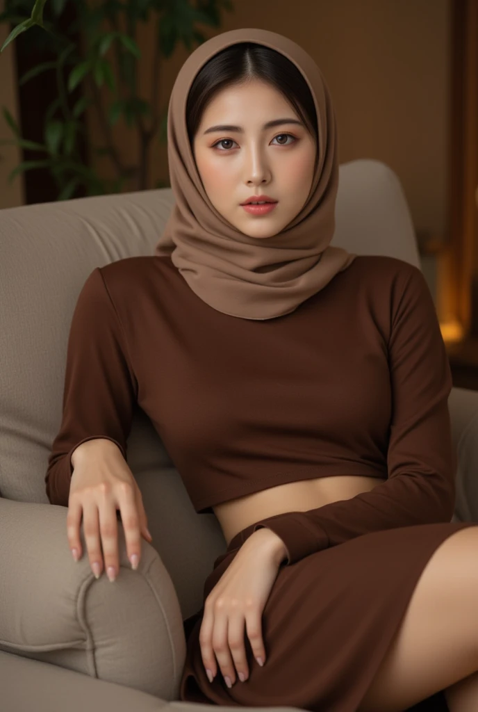 (RAW) high quality photos, 8k resolution, Realistic. The beautiful woman wore a hijab on her head, wore a brown top and wore long skirt. Sexy waist, tiduran di sofa
 legs open,  showing celana dalam. 