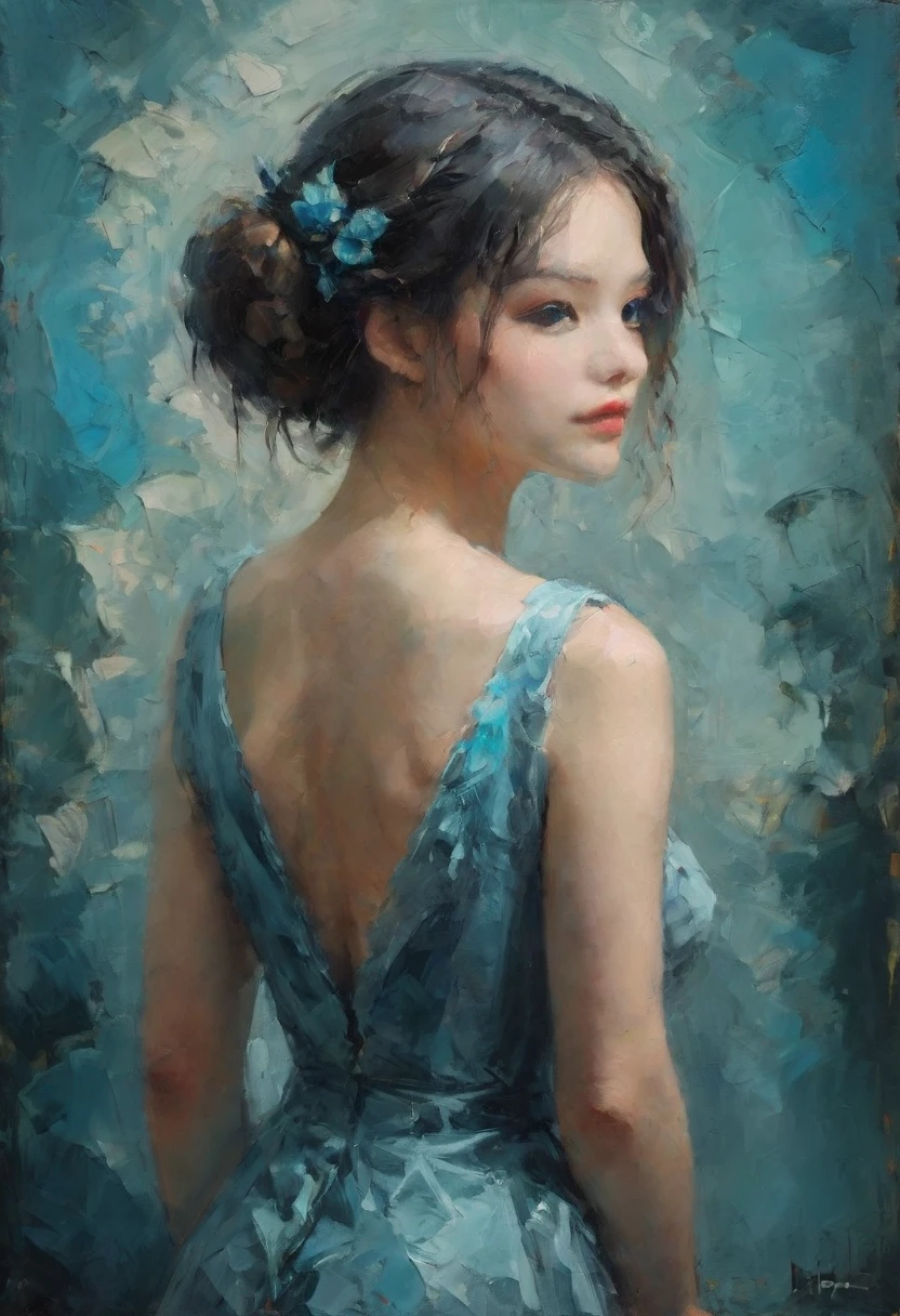 An oil painting in the Raphael style, 1 girl is wearing a backless dress,  blue gradient background,  neon hairstyle ,texture trim , (masterpiece, Best Quality ) 