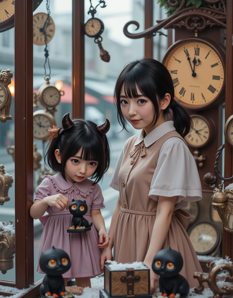 ultra-realistic, photorealistic, dramatic scene, shadow, global-illumination, solo, (20 years old beautiful Japanese girl), very beautiful fragile Japanese girl, very beautiful with very cute face, (Department store clerk, detailed face skin texture), (wearing a clerk's uniform with frills), hat, simple black pumps, She is in a show window of the clock shop facing the street and dressing a large cute anime-devil mannequin, a cute devil mannequin\(detailed eyes, dark black devil, very cute, black face, big eyes, large circle eyes, black skin, evil smile, orange eyes, vivid orange eyes, dark black skin, looking down, wearing pastel colored gorgeous antique maid costume\(big, long, Tattered\), full body, standing in the display window, holding a cute black devil cat\), there are a large number of many kind of antique clocks and Japanese traditional antique furnishings are displayed in the display window, Shoppers passing by on the street, in winter, snowing