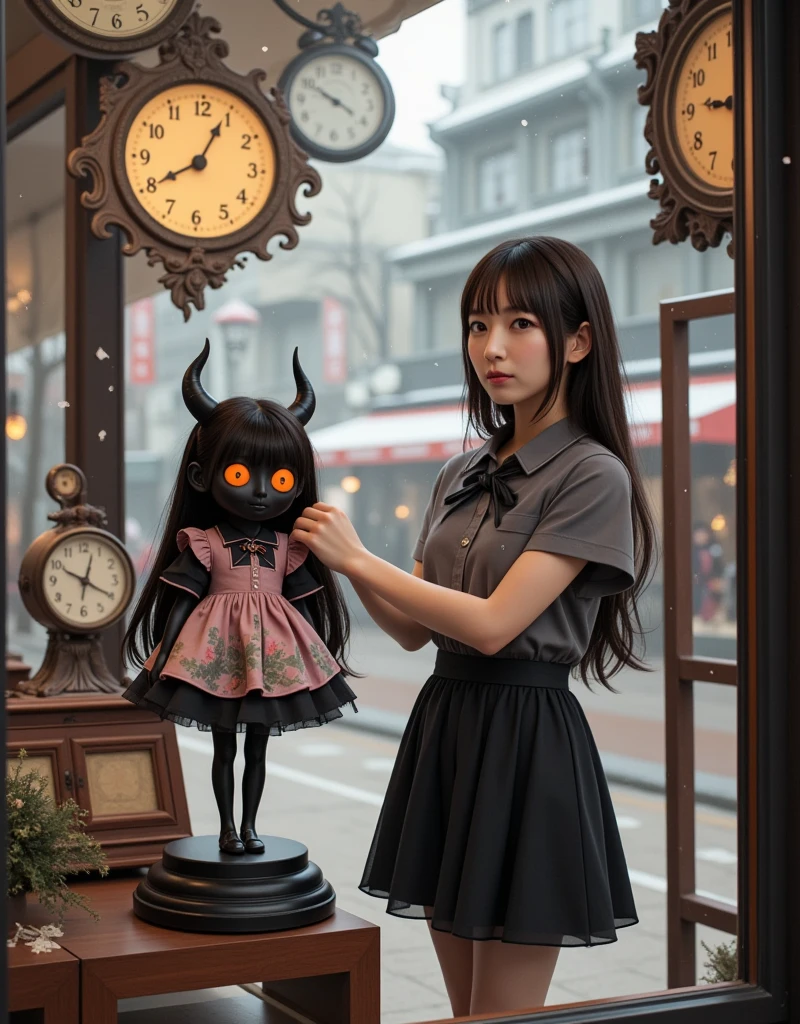 ultra-realistic, photorealistic, dramatic scene, shadow, global-illumination, solo, (20 years old beautiful Japanese girl), very beautiful fragile Japanese girl, very beautiful with very cute face, (Department store clerk, detailed face skin texture), (wearing a clerk's uniform with frills), hat, simple black pumps, She is in a show window of the clock shop facing the street and dressing a large cute anime-devil mannequin, a cute devil mannequin\(detailed eyes, dark black devil, very cute, black face, big eyes, large circle eyes, black skin, evil smile, orange eyes, vivid orange eyes, dark black skin, looking down, wearing pastel colored gorgeous antique maid costume\(big, long, Tattered\), full body, standing in the display window, holding a cute black devil cat\), there are a large number of many kind of antique clocks and Japanese traditional antique furnishings are displayed in the display window, Shoppers passing by on the street, in winter, snowing